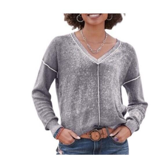 Sundance Cece V Neck Lightweight Cotton Sweater Sz S Gray Burnout Exposed Seams - Picture 1 of 8